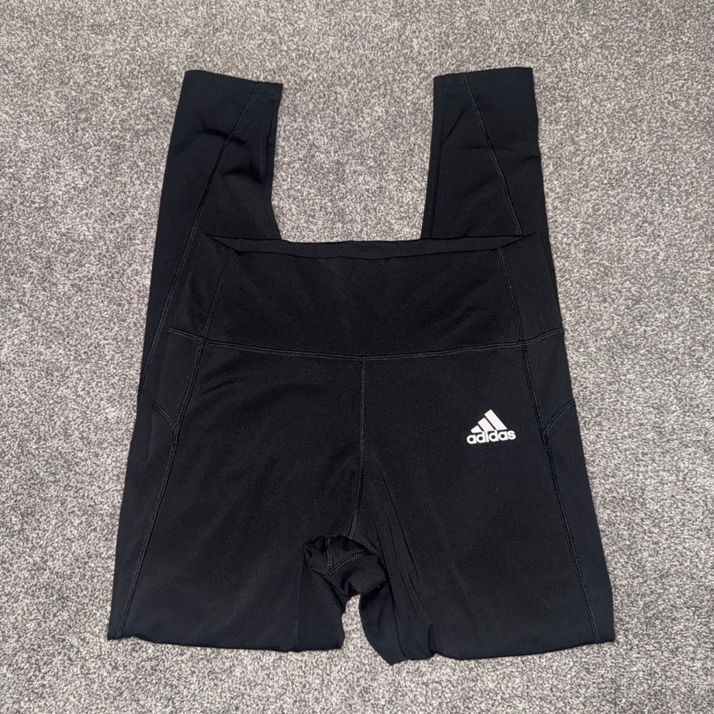 Adidas Women's Black High-Rise Athletic Leggings w White Stripe Tight Fit Size M